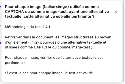 Illustration de la fenêtre d’information pour le test 1.4.1